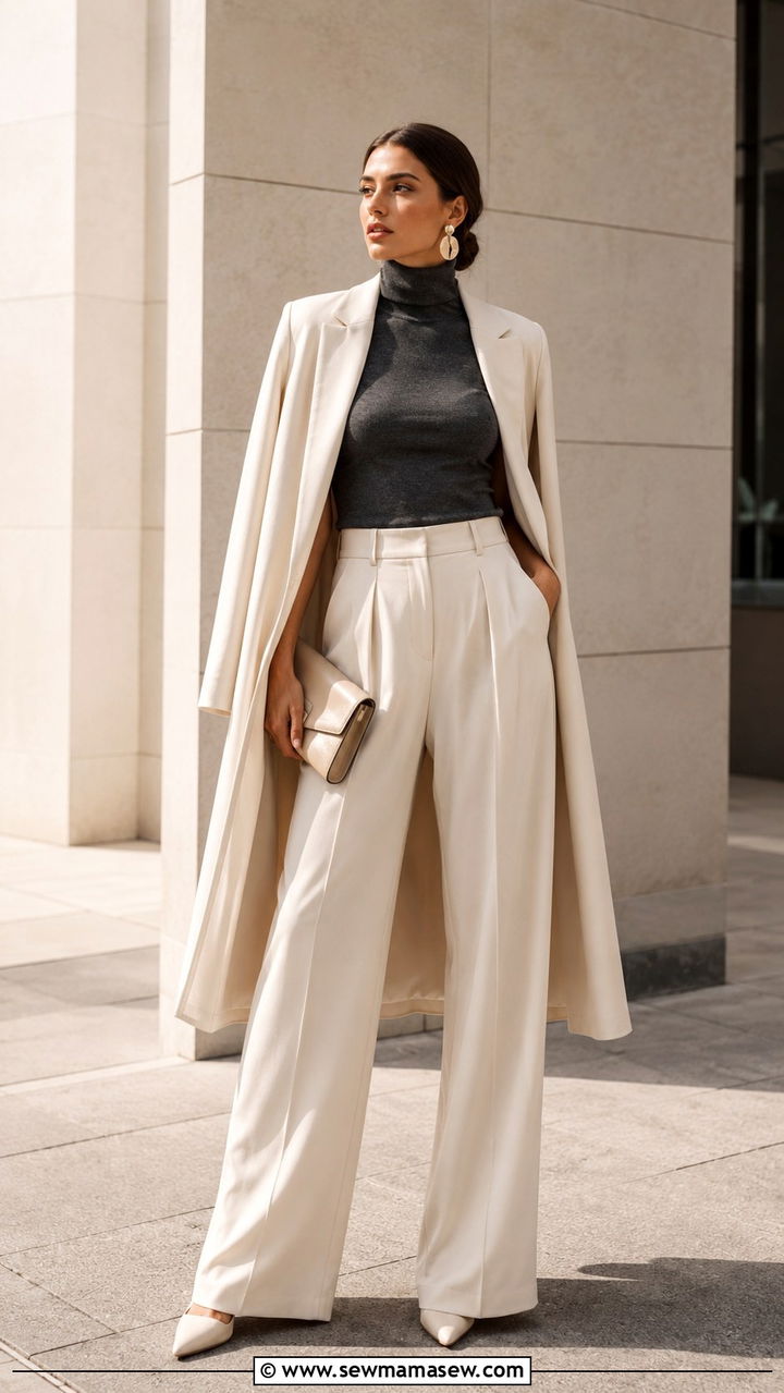 Wide leg trousers with sleeveless turtleneck and cape blazer outfit - 30 In between season outfit ideas