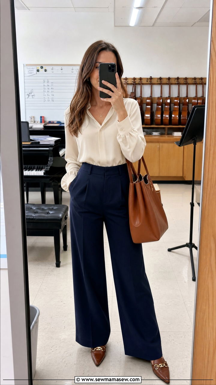Wide leg trousers with tucked in blouse - 30 Music teacher outfit ideas