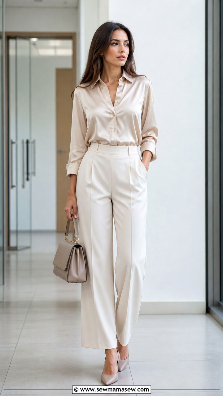Wide leg trousers with tucked in satin blouse - 40 Business trip outfit ideas