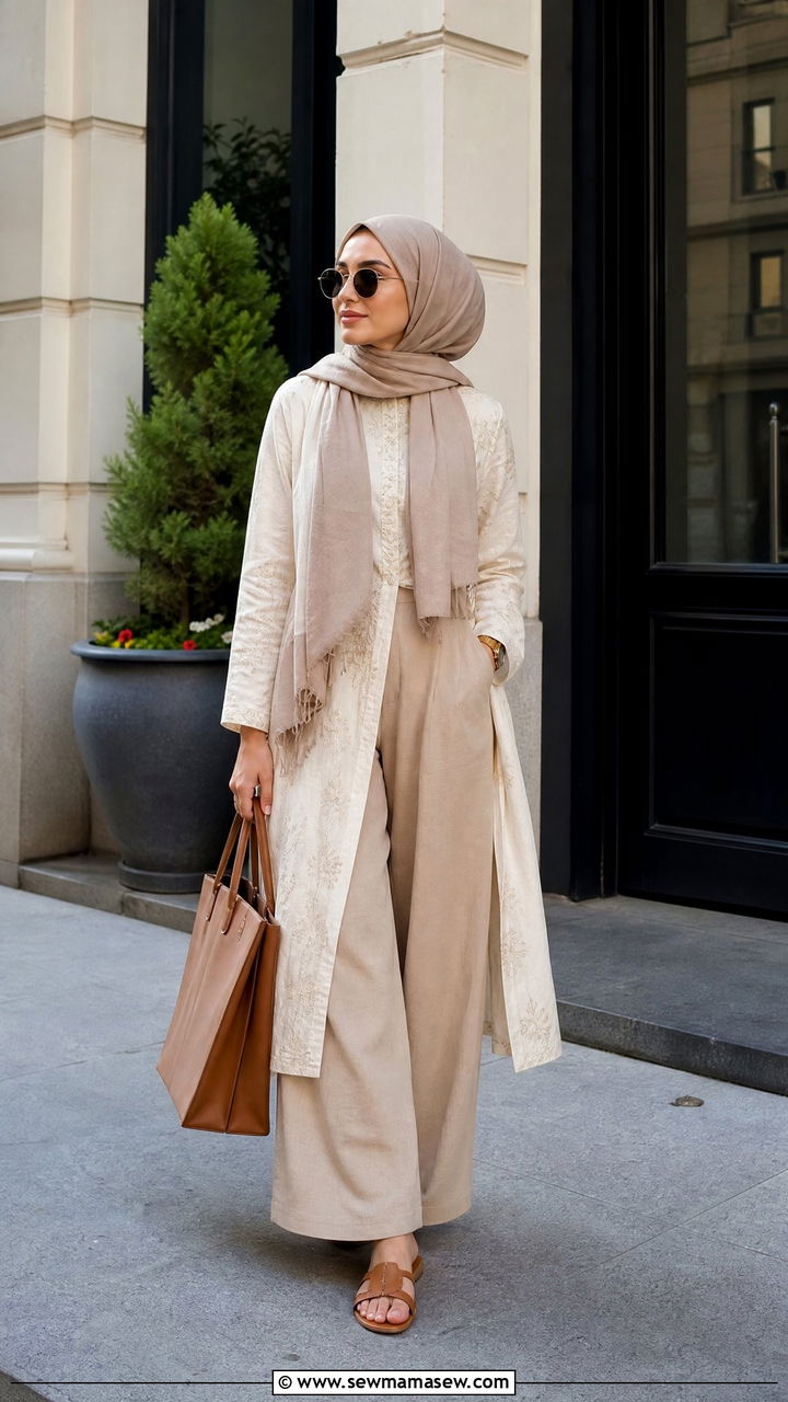 Wide leg trousers with tunic and layered scarf - 30 Modest outfit ideas for Eid