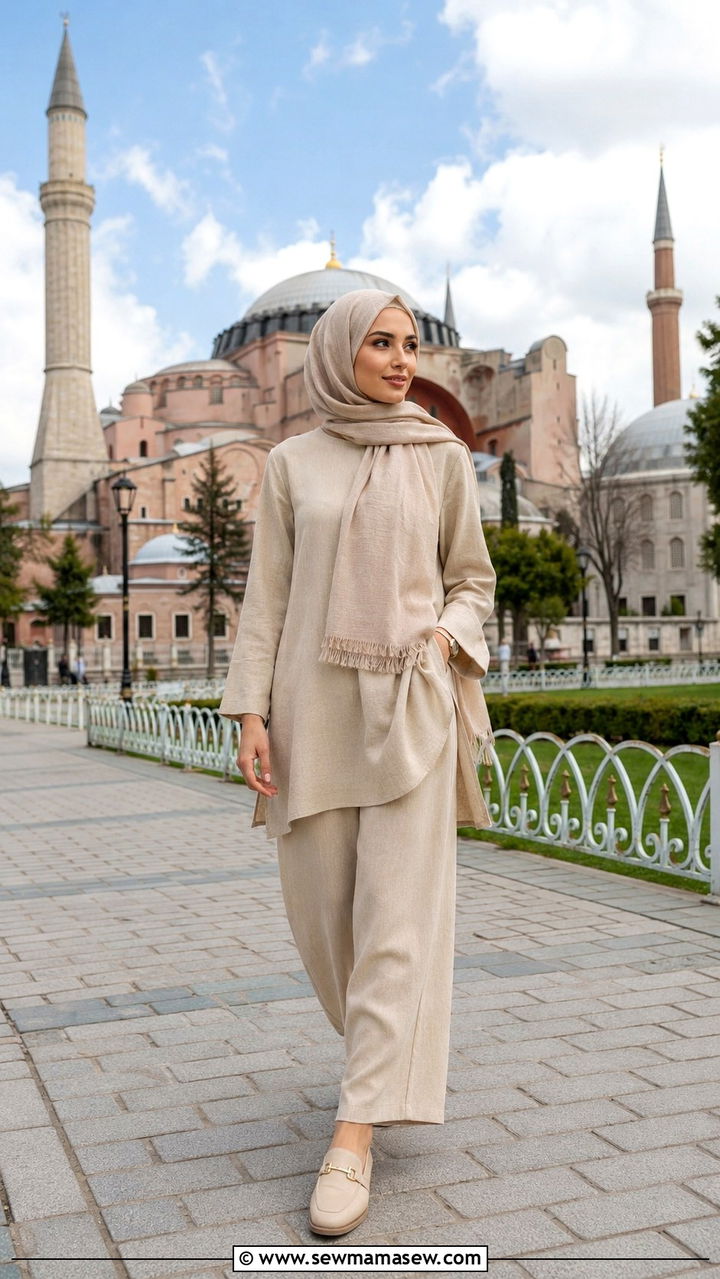 Wide leg trousers with tunic top and scarf Istanbul mosque outfit - 30 Istanbul outfit ideas