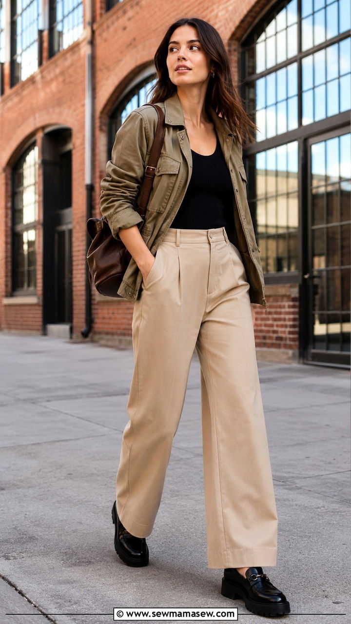 Wide leg trousers with utility jacket outfit - 20 summer to fall outfits 2026
