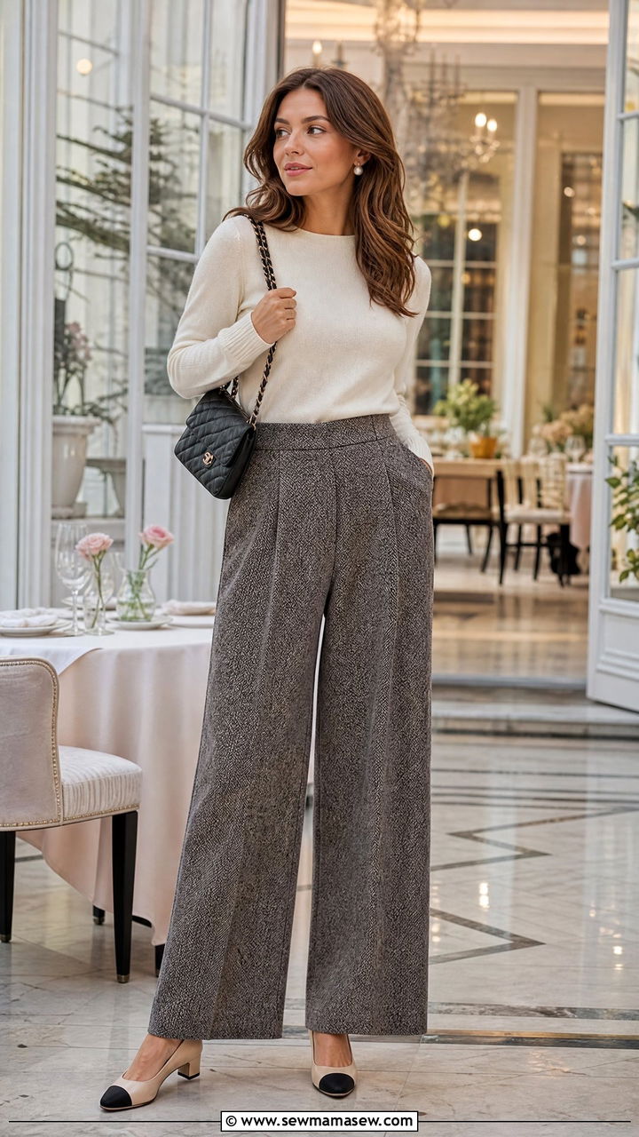 Wide leg tweed trousers with knit sweater and pumps brunch - 25 Brunch outfit ideas with wide leg pants