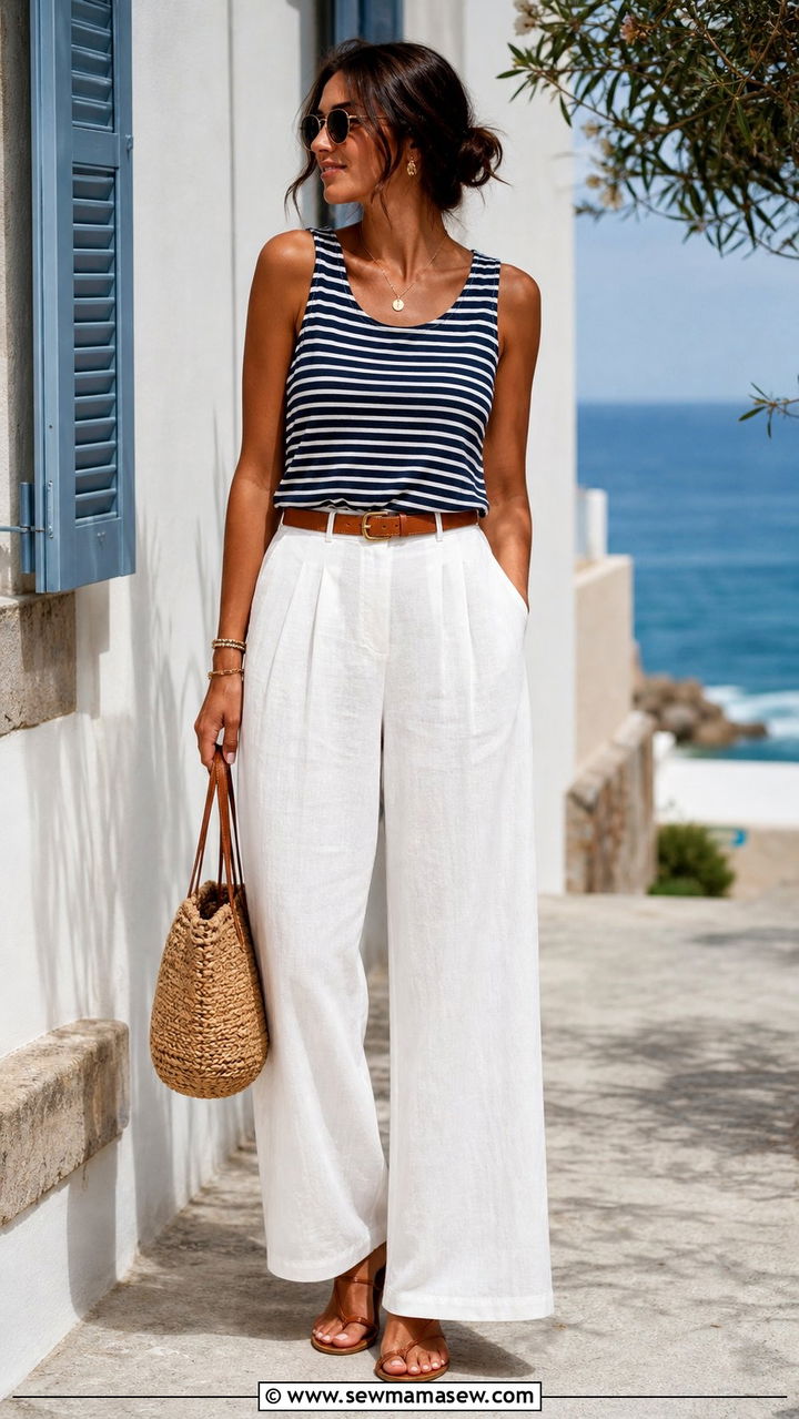 Wide leg white linen pants with a striped tank - 35 Business casual outfits for summer heat
