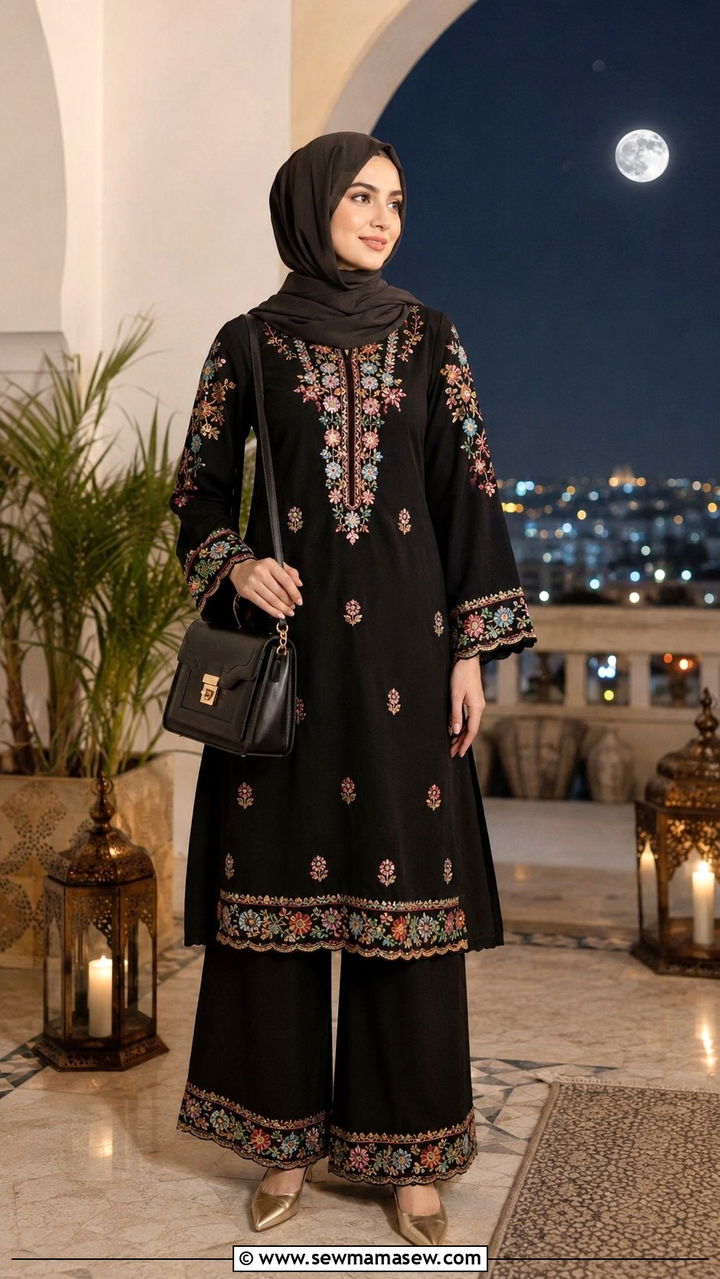 WideLeg Trousers with Embroidered Kurta Set - 25 Ramadan matching set outfit ideas