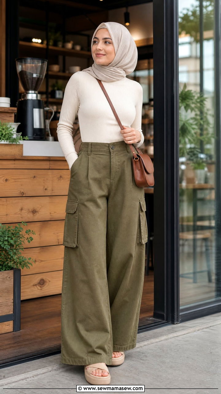 Wideleg cargo pants with fitted top - 30 summer outfits for modest women
