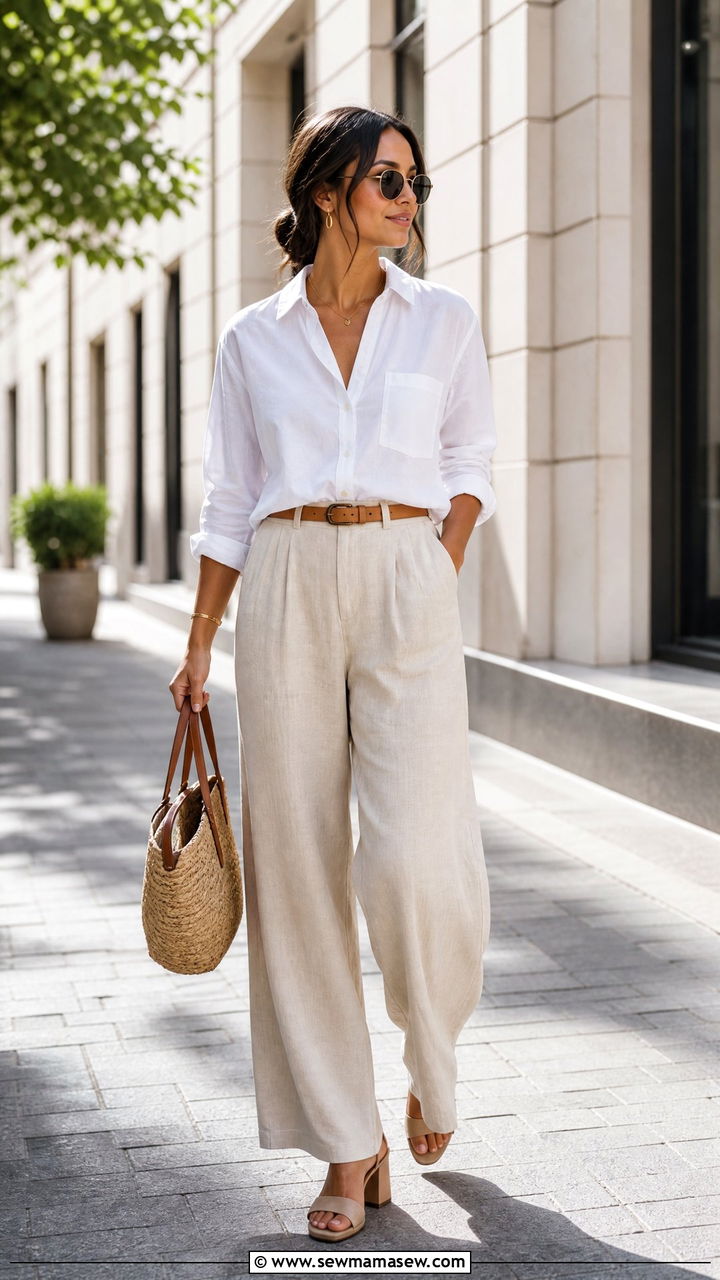 Wideleg linen pants with buttondown shirt - 30 summer outfits for modest women