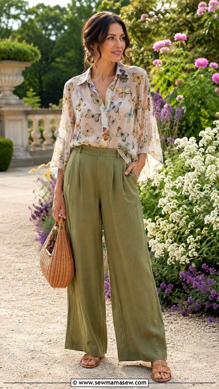Wilderkind butterfly print blouse with wide leg linen trousers - 25 Pinterest outfits 2026