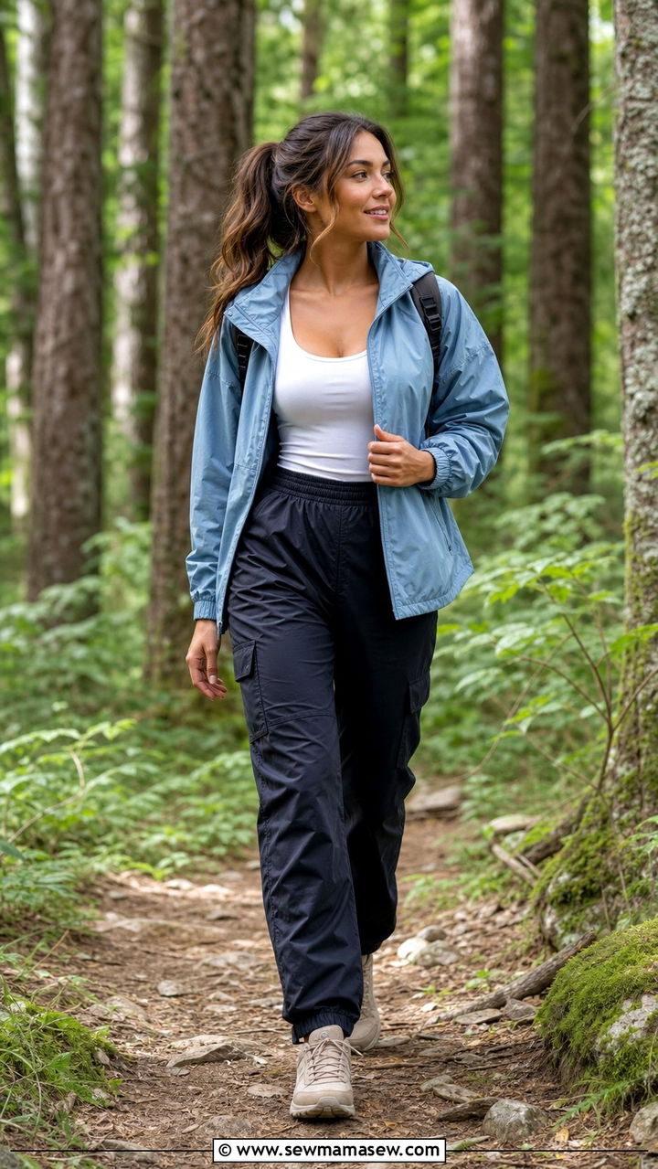 Windbreaker Jacket Over Cargo Pants and Trail Shoes - 25 Sporty chic outfit ideas hiking