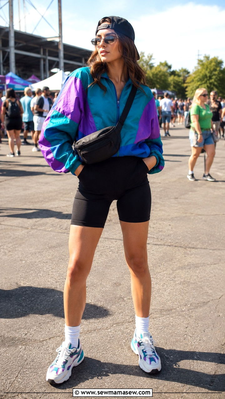 Windbreaker Jacket With Bike Shorts And Chunky Sneakers - 25 90s outfits 2026