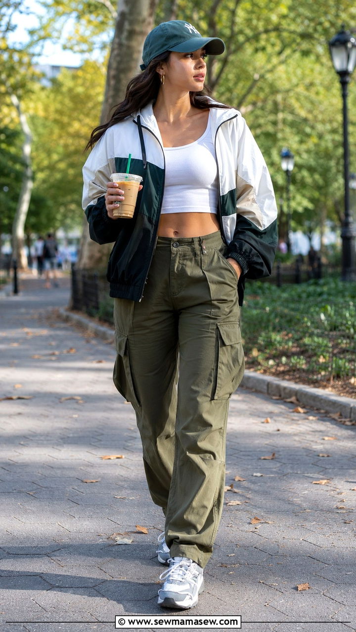 Windbreaker Jacket With Cargo Pants and Sporty Sneakers - 30 transitional casual outfit ideas
