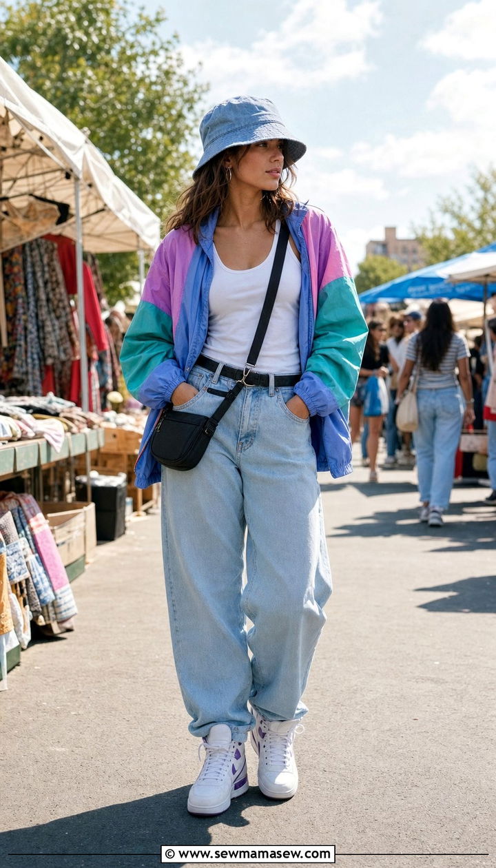 Windbreaker Jacket with Baggy Jeans and Sneakers - 25 spring 90s outfit ideas