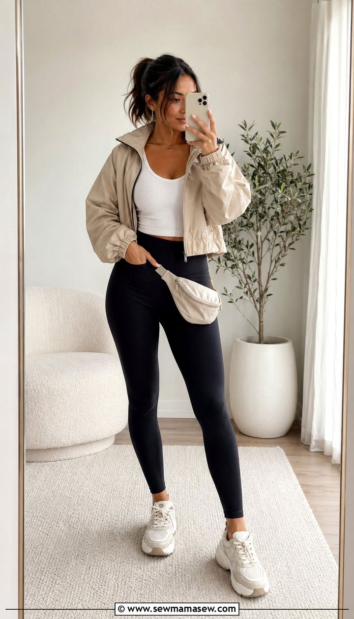 Windbreaker Jacket with High Waisted Leggings and Chunky Sneakers - 35 Athleisure outfit ideas