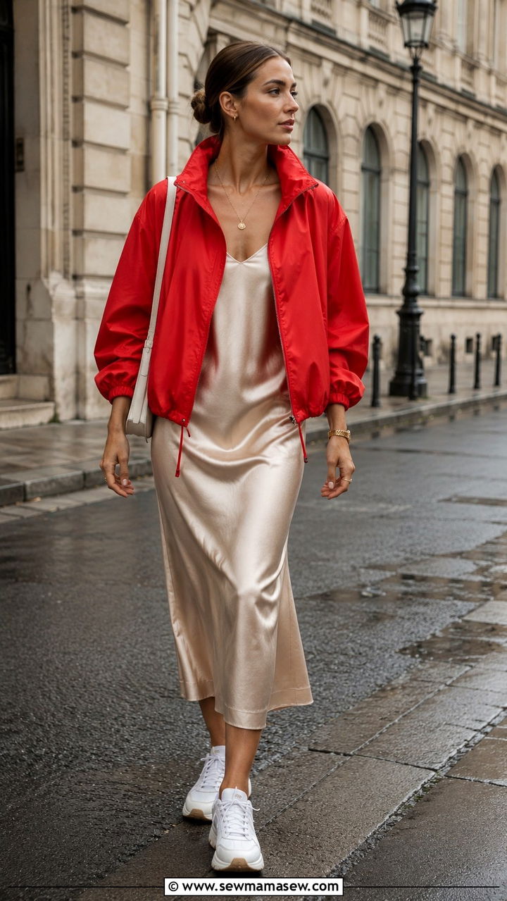 Windbreaker Over A Slip Dress - 30 spring sporty chic outfit ideas