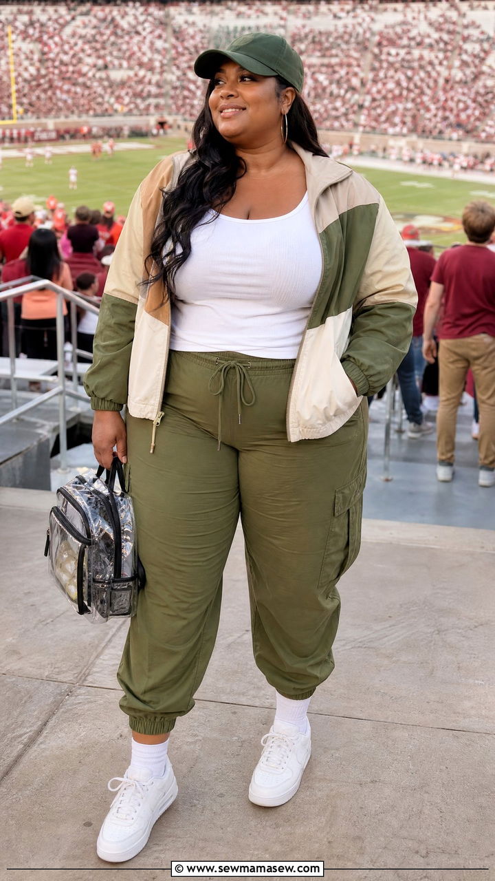Windbreaker With Cargo Pants And Sneakers - 30 Football game outfit ideas plus size