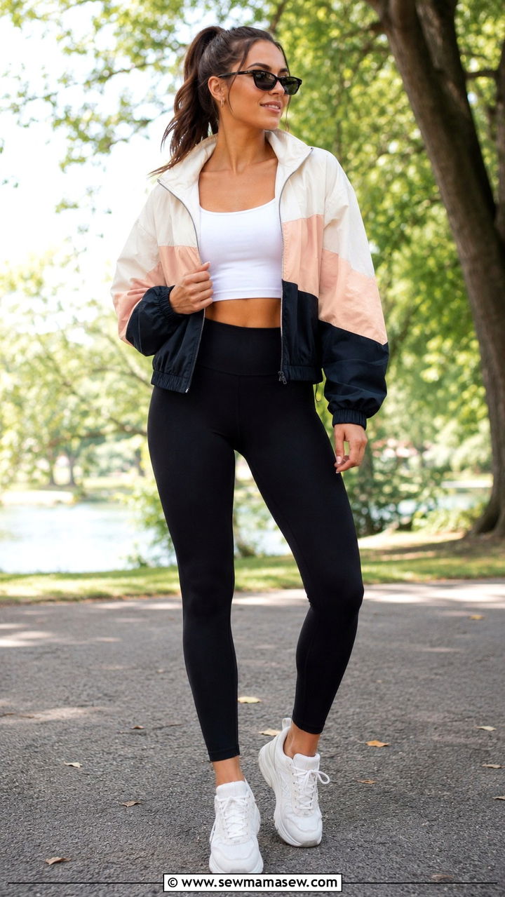 Windbreaker With Leggings and Chunky Sneakers - 30 Light jacket weather outfit ideas