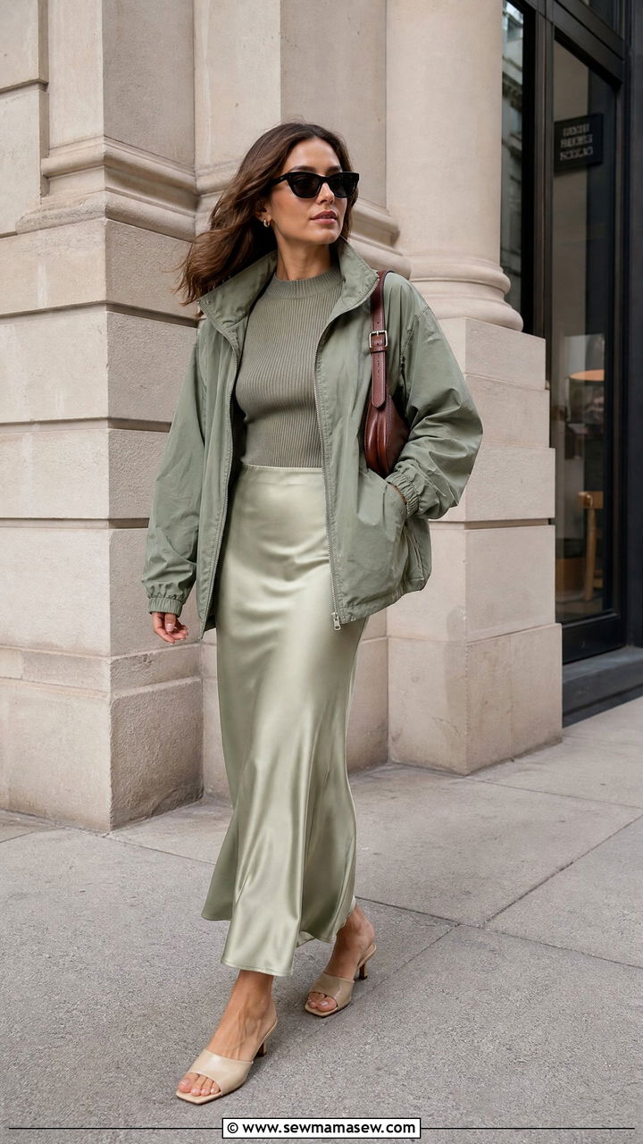 Windbreaker With Maxi Skirt And Kitten Heels - 25 jacket outfits aesthetic