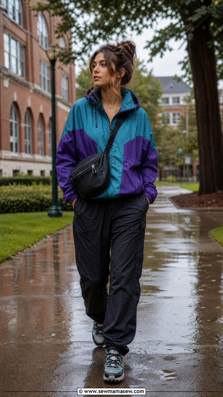 Windbreaker With Parachute Pants Outfit - 30 College outfit ideas trendy 2026