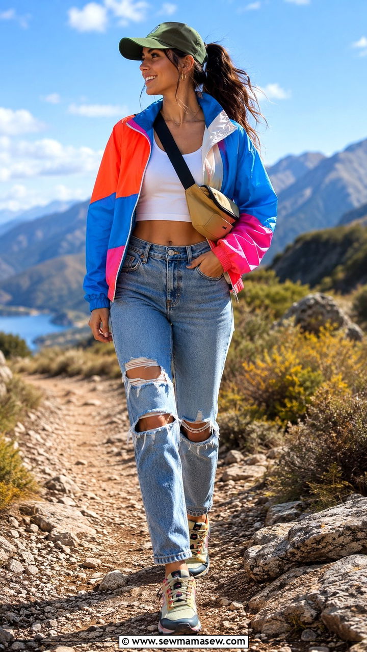 Windbreaker With Ripped Jeans And Trail Running Shoes - 30 Sporty chic outfit ideas with jeans