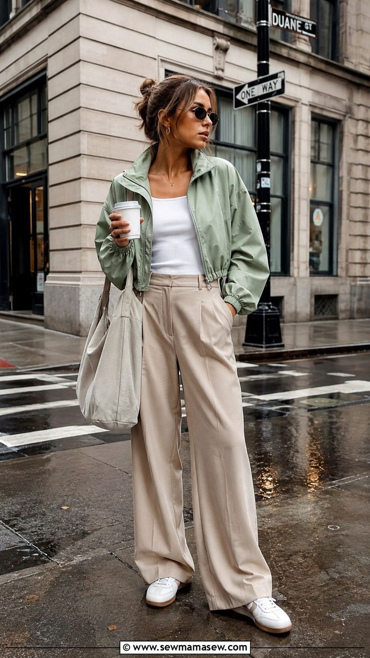 Windbreaker With Tailored Trousers and Sneakers - 25 rainy day outfits trends