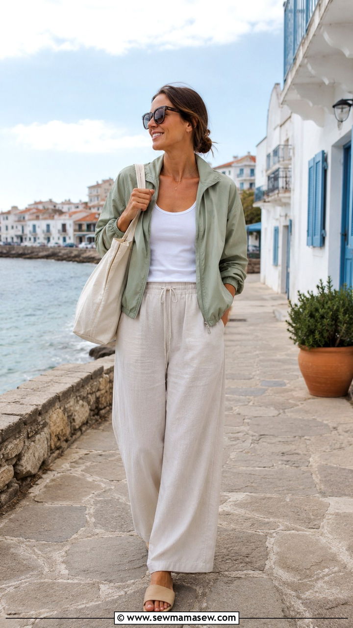 Windbreaker With Wide Leg Linen Pants And Slides - 30 casual windbreaker outfits