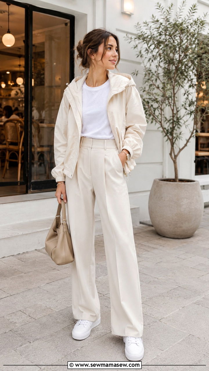 Windbreaker With Wide Leg Trousers And Clean White Trainers - 30 casual windbreaker outfits