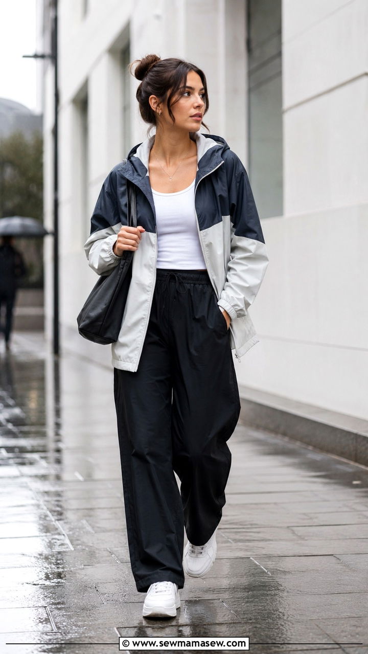 Windbreaker With Wide Leg Trousers And Waterproof Sneakers - 25 rainy day outfits Pinterest
