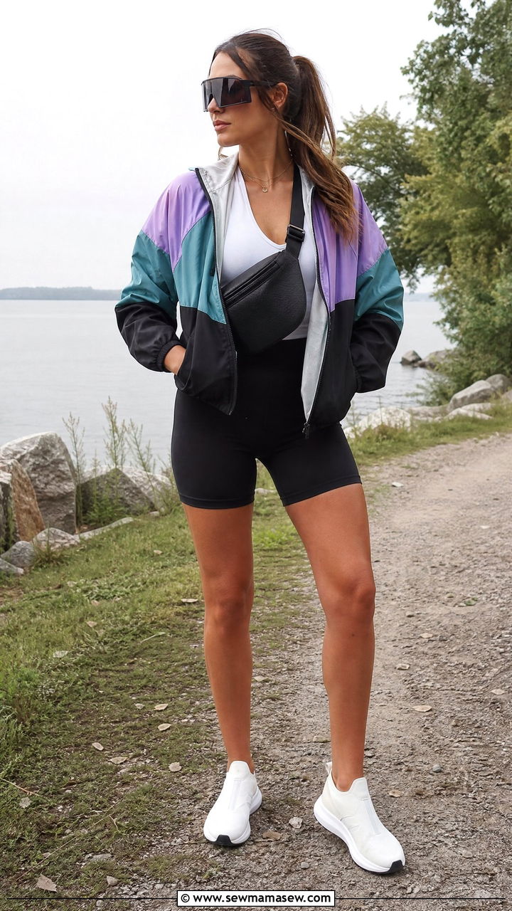 Windbreaker and Biker Shorts - 30 summer athleisure outfits