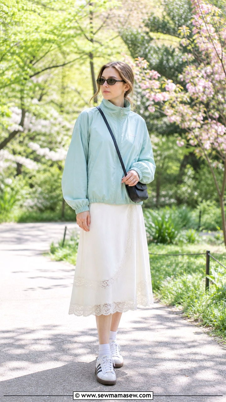 Windbreaker and Lace Trim Midi Skirt Spring 2026 - 40 spring outfits 2026