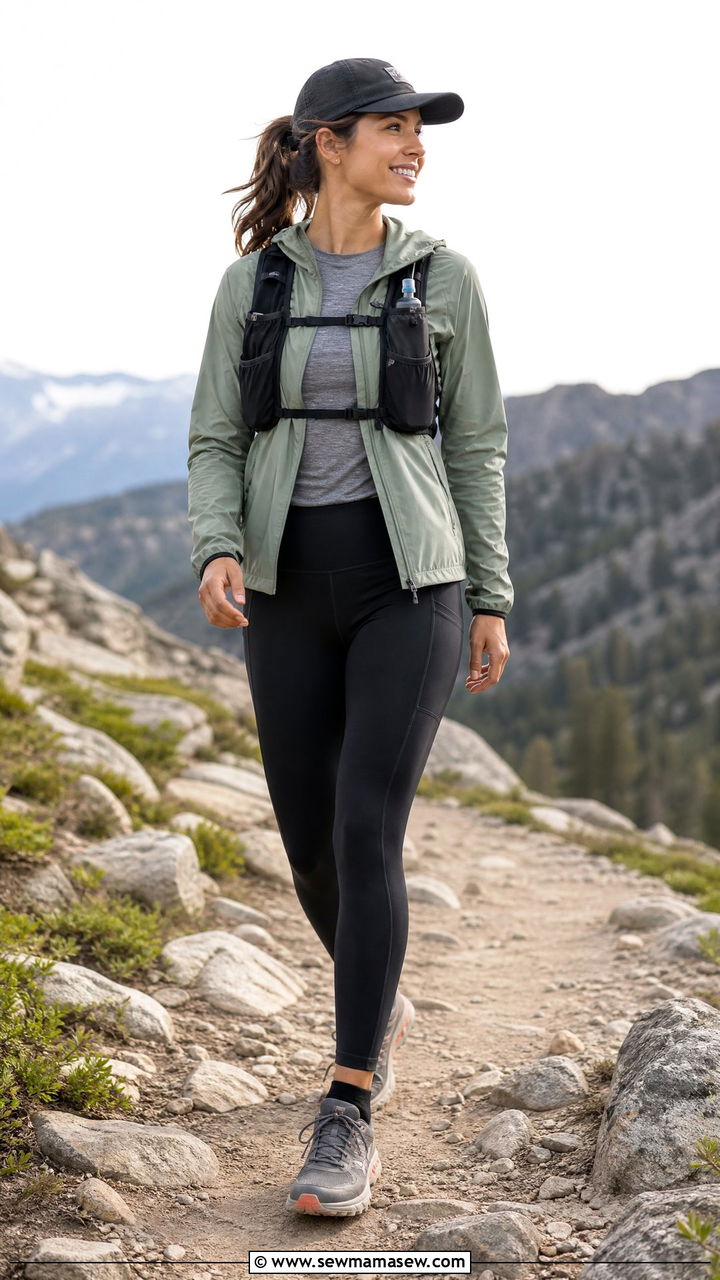 Windbreaker and base layer with hiking leggings - 25 Modest outfit ideas for mountain trip