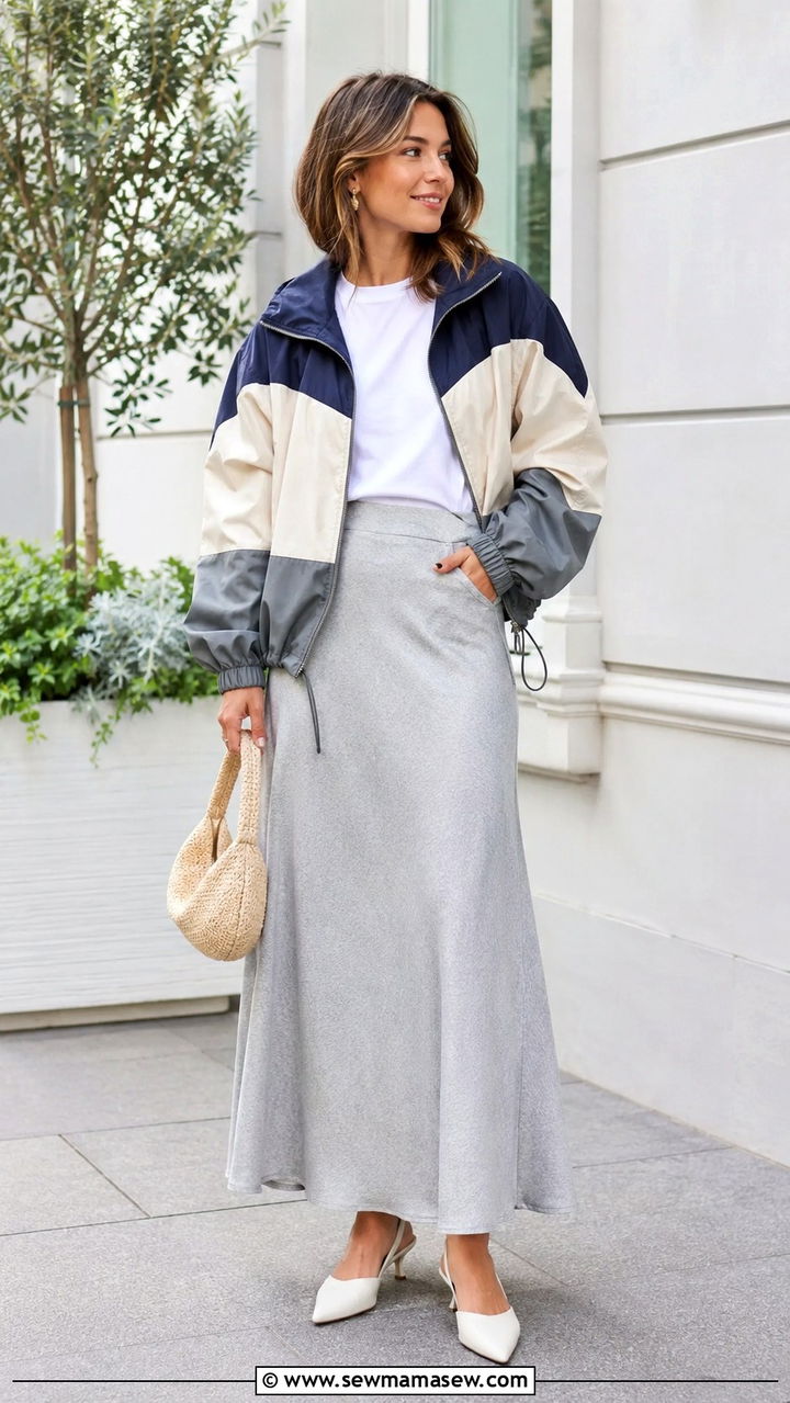 Windbreaker and maxi skirt - 25 windy day outfits trends