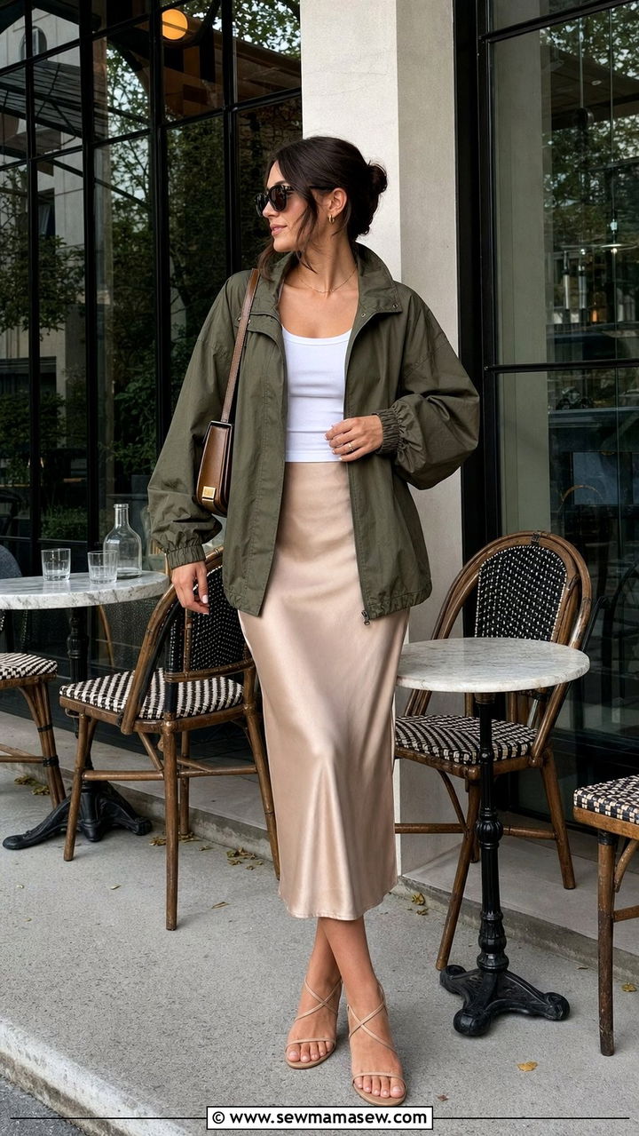 Windbreaker and satin skirt - 25 classy windbreaker outfits