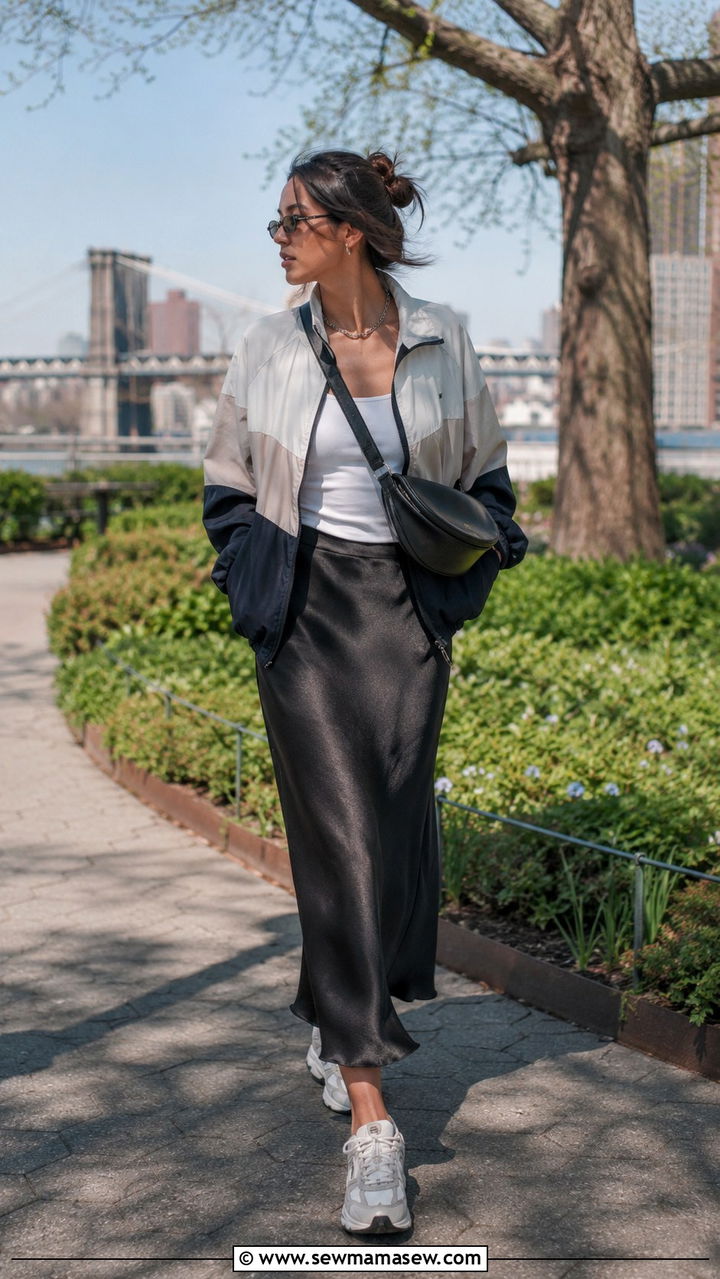 Windbreaker and slip skirt outfit - 30 casual sporty chic outfits