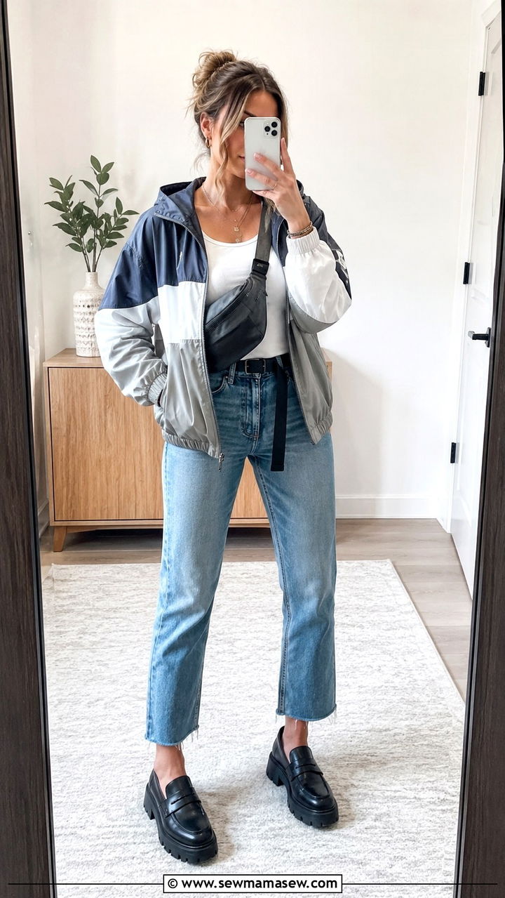 Windbreaker jacket with straight leg jeans outfit - 20 Thunderstorm outfit ideas