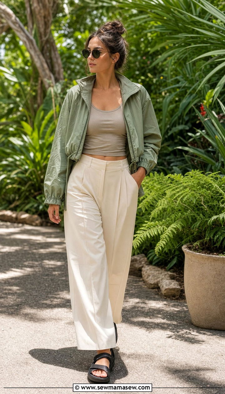 Windbreaker jacket with wideleg trousers and sport sandals - 25 sporty chic outfits aesthetic
