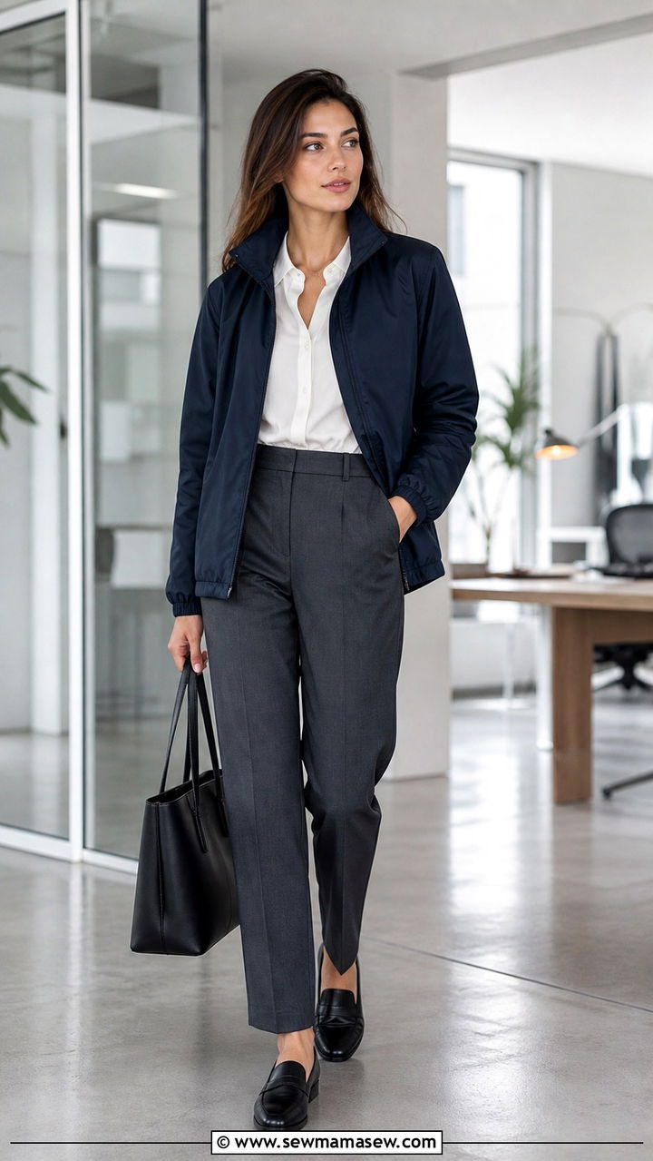Windbreaker office outfit with tailored pants - 40 windbreaker outfits