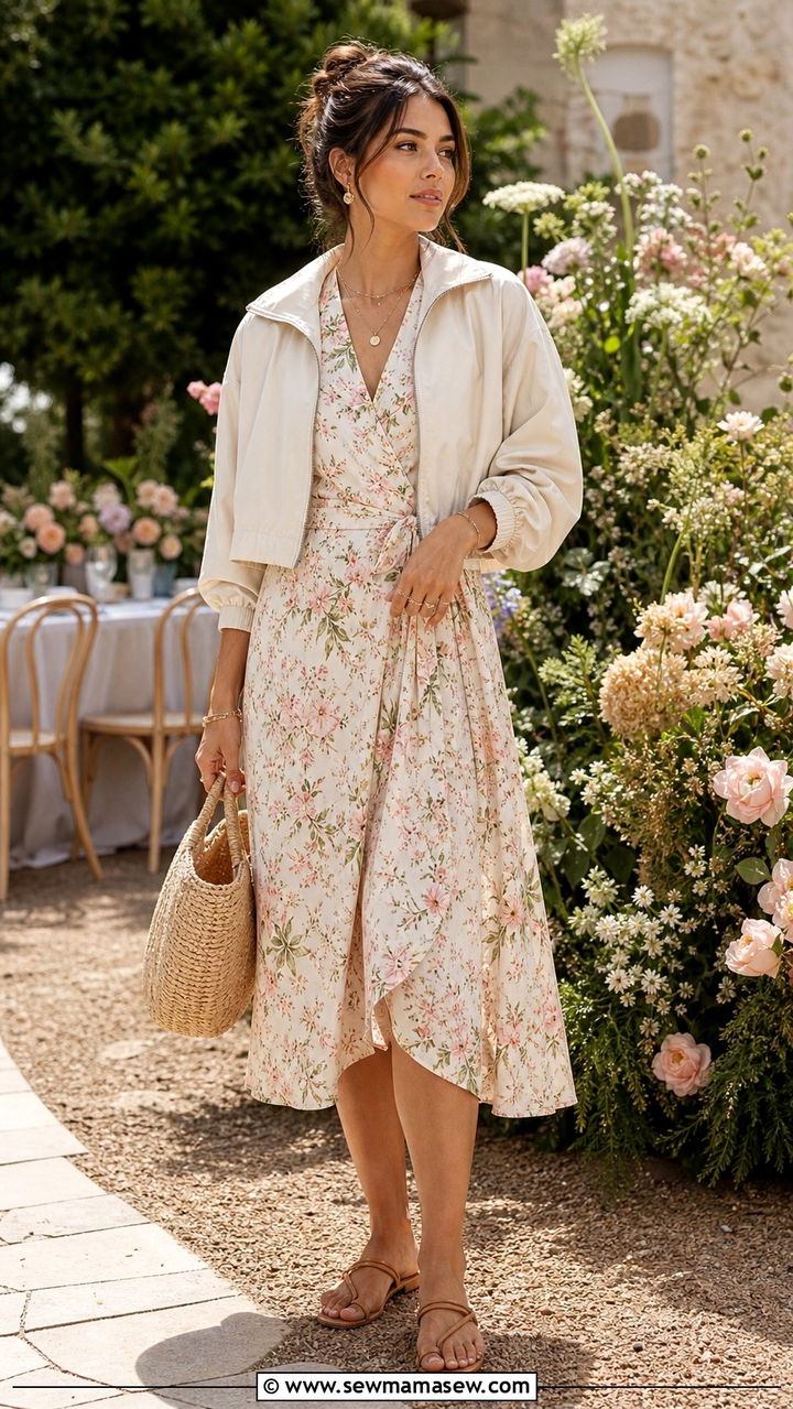 Windbreaker over floral midi dress outfit - 40 windbreaker outfits