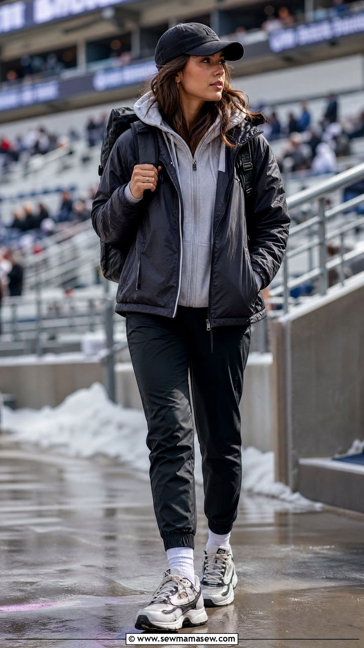 Windbreaker over hoodie with track pants - 25 Football game outfit ideas cold