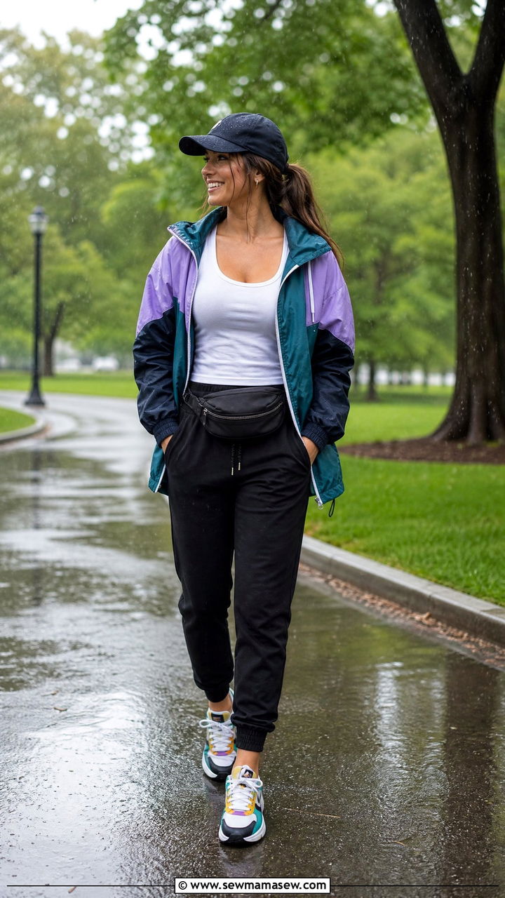 Windbreaker with Joggers and Sporty Sneakers - 25 rainy day outfits inspo