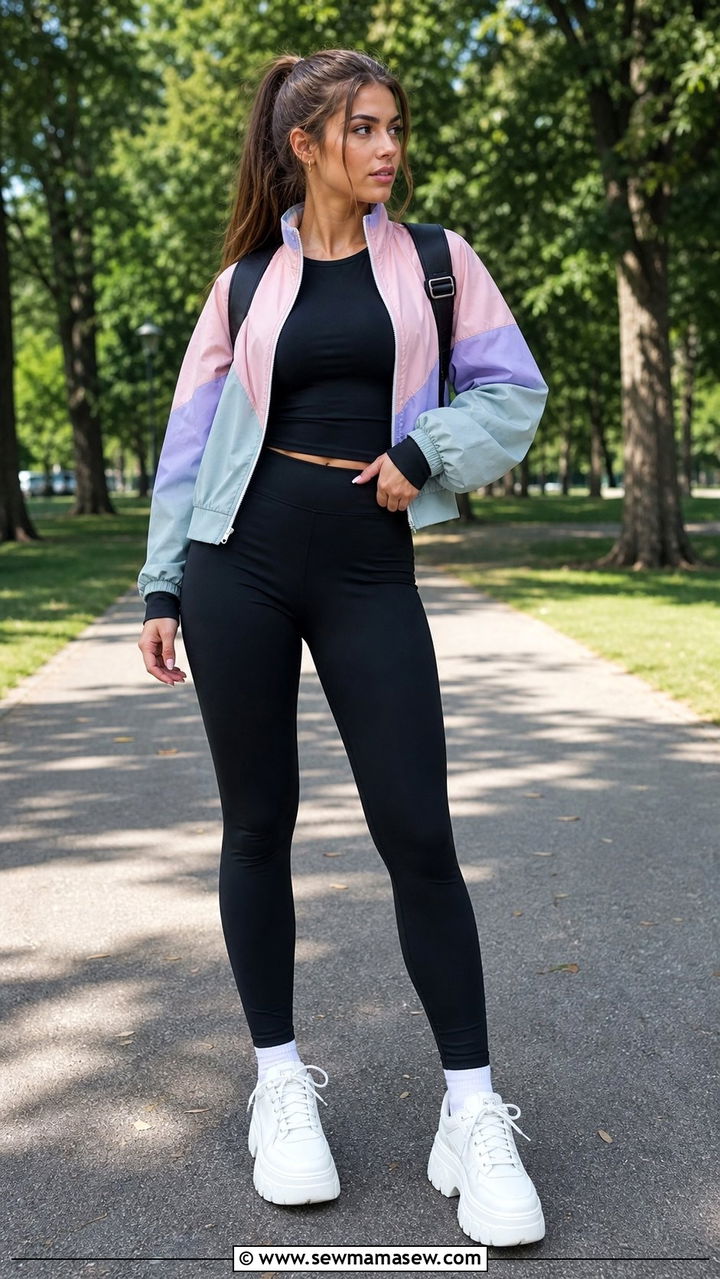 Windbreaker with Leggings and Chunky Sneakers - 25 cute windy day outfits