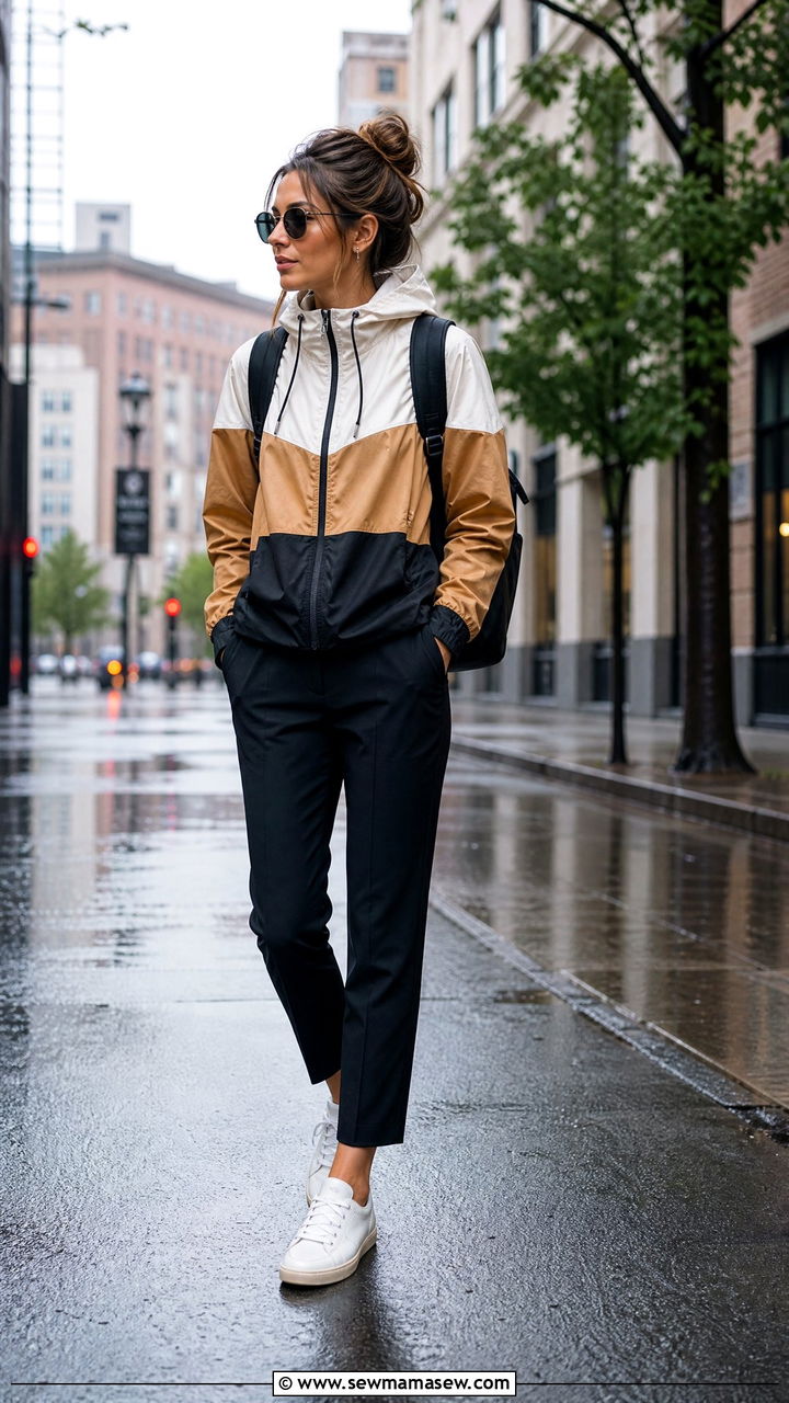 Windbreaker with Tailored Trousers and Sneakers - 30 classy rainy day outfits