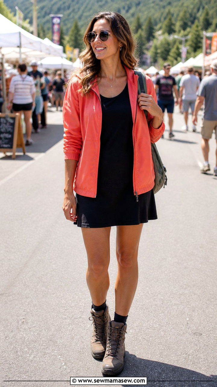 Windbreaker with a Mini Dress and Hiking Boots - 40 rainy day outfits