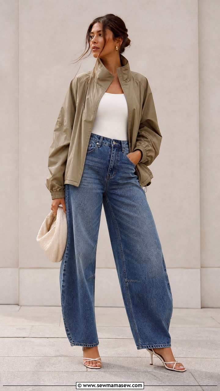 Windbreaker with barrel leg jeans and heeled sandals - 25 how to style windbreaker outfits