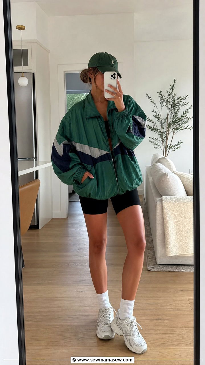 Windbreaker with bike shorts and chunky sneakers - 25 how to style windbreaker outfits