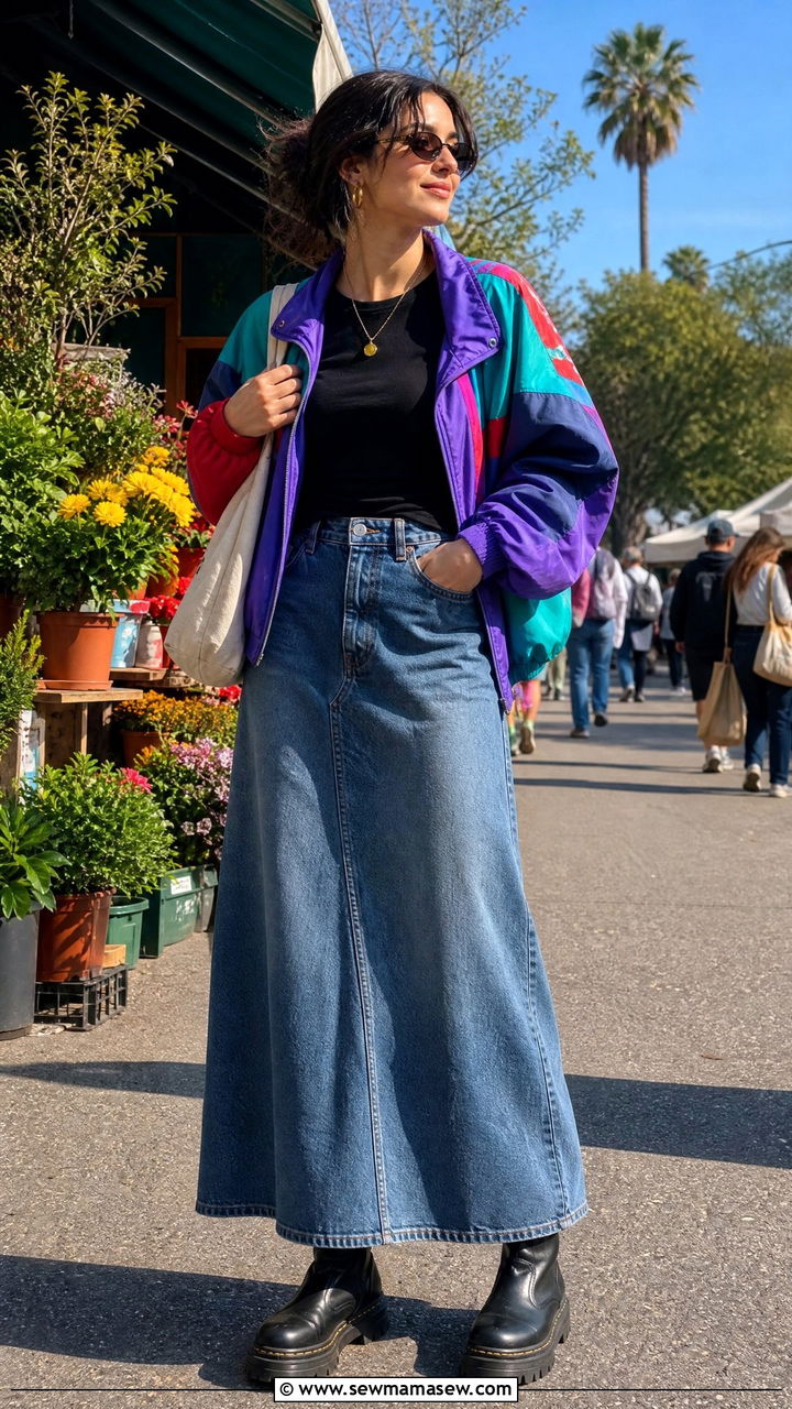 Windbreaker with denim maxi skirt and chunky boots - 25 how to style windbreaker outfits