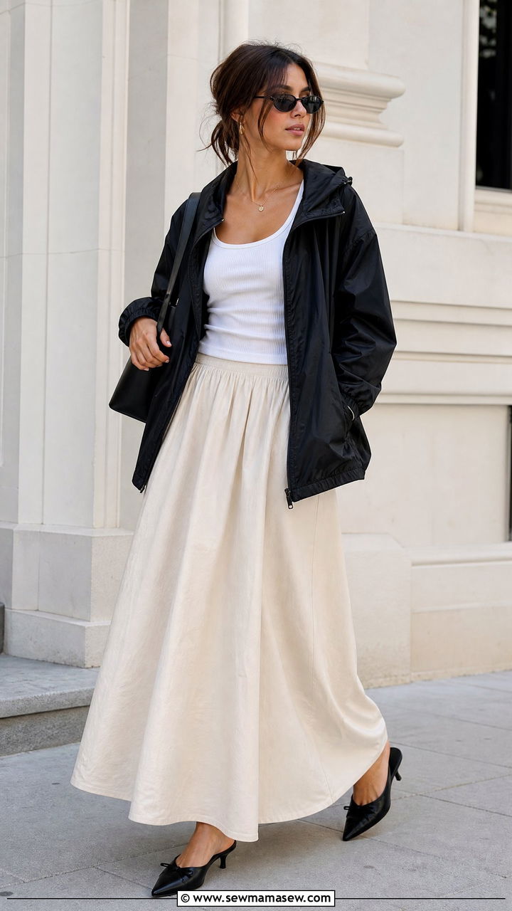Windbreaker with maxi skirt and kitten heels - 25 how to style windbreaker outfits