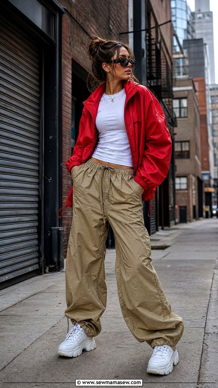Windbreaker with parachute pants and fitted tee - 25 how to style windbreaker outfits