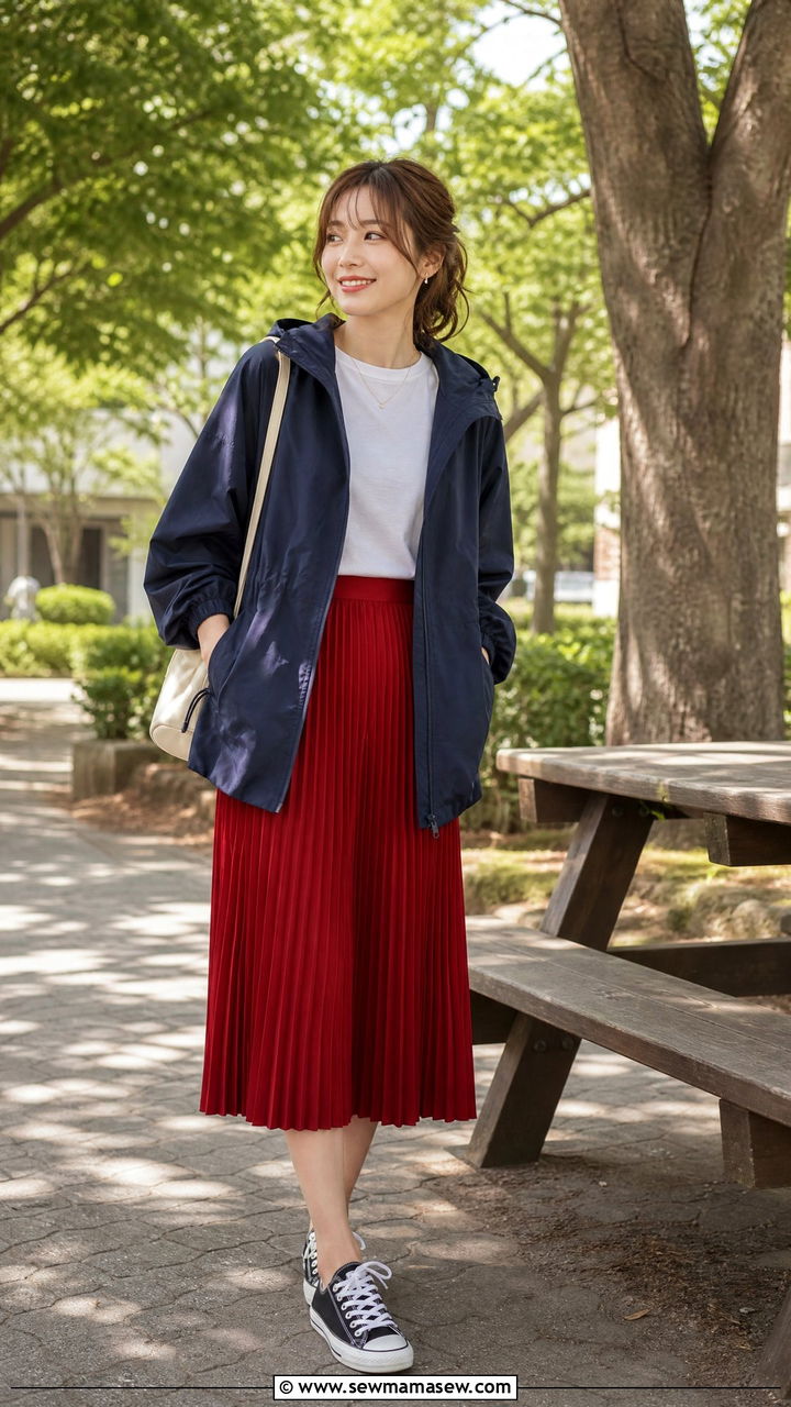 Windbreaker with pleated midi skirt and low top sneakers - 25 how to style windbreaker outfits