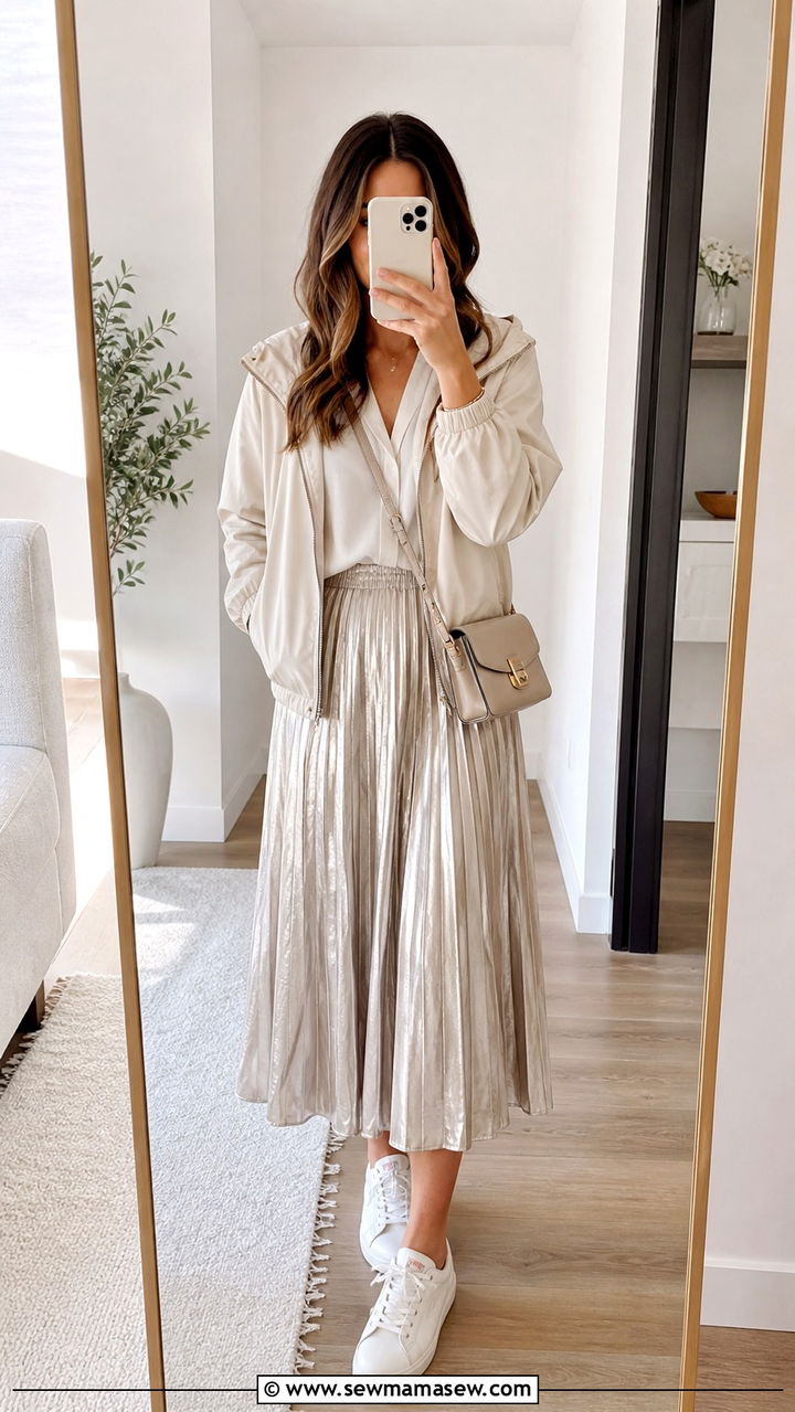 Windbreaker with pleated midi skirt outfit - 40 windbreaker outfits