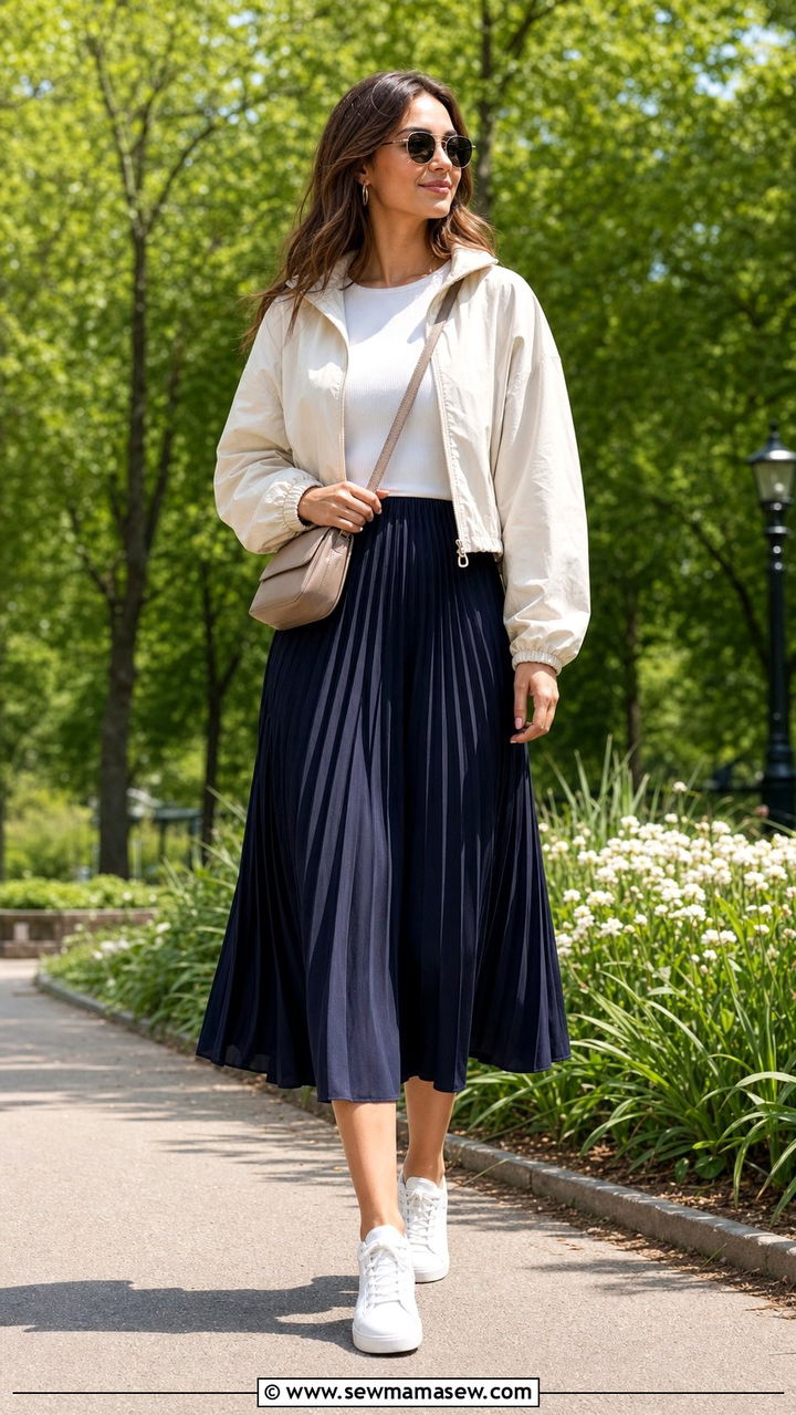 Windbreaker with pleated midi skirt - 25 classy windbreaker outfits